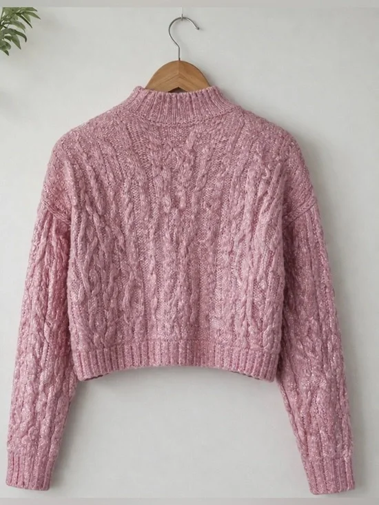 ZARA Girls Metallic Pink Cable Knit Cropped Sweater Shimmer Knit Mock Neck XS - Picture 6 of 9